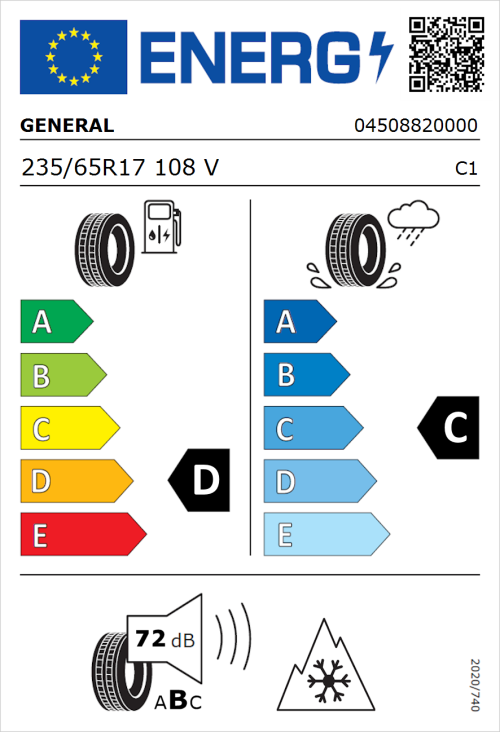 Tyre Label for General Grabber A/S 365 235/65R17 108V