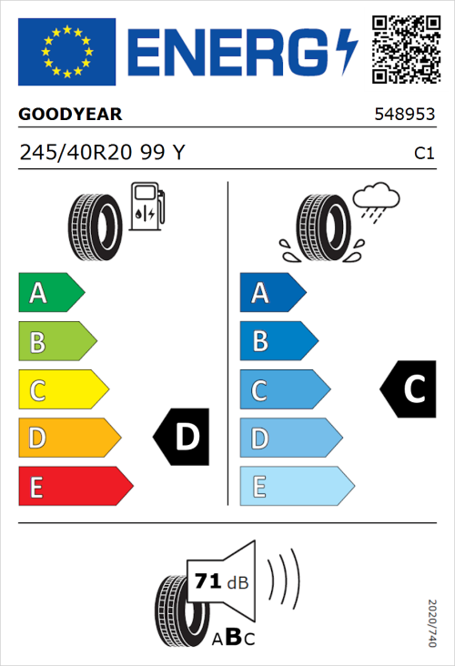 Tyre Label for Goodyear Excellence 245/40R20 99Y