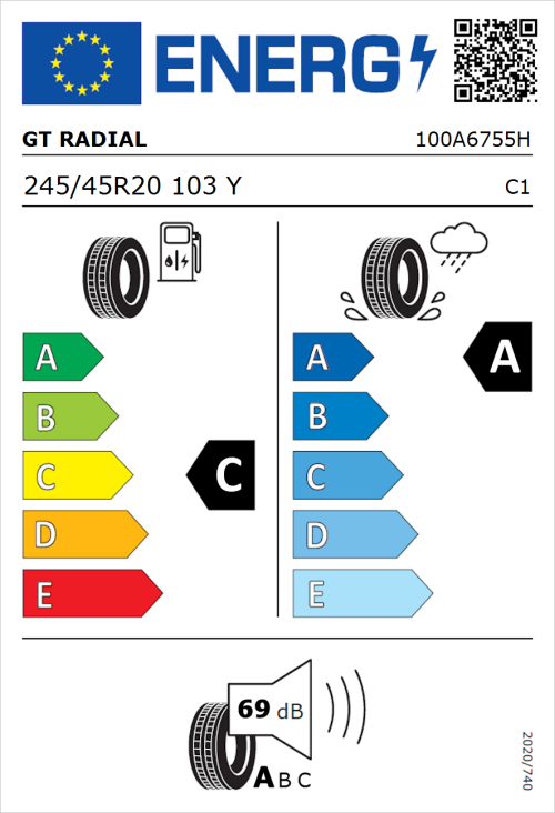 Tyre Label for GT Radial SportActive 2 Evo 245/45R20 103Y