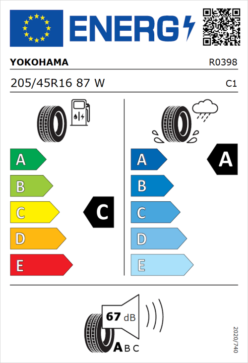 Tyre Label for Yokohama Advan Fleva V701 205/45R16 87W