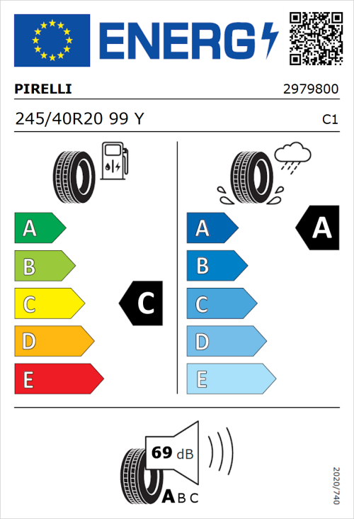 Tyre Label for Pirelli P ZERO Run Flat 245/40R20 99Y